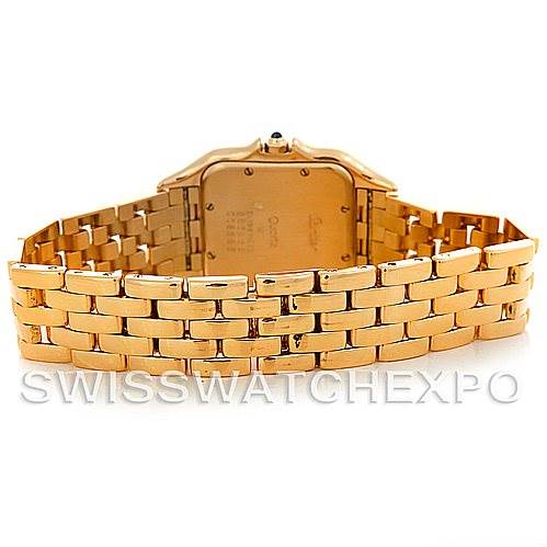 The image shows the back view of a Cartier Panthere W25014B9 Men
s Yellow Gold Silver Dial W25014B9 Men
s Yellow Gold Silver Dial model watch, highlighting its gold bracelet and case.