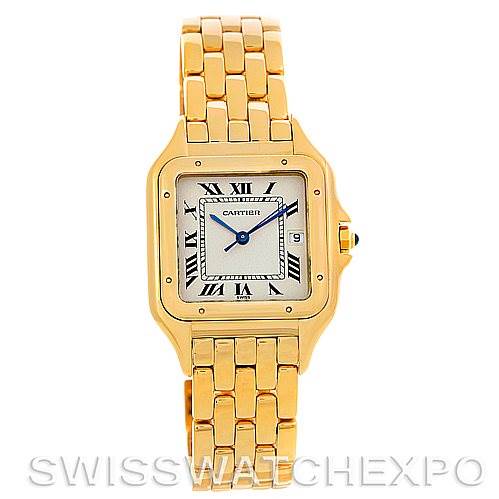 The image shows a Cartier Panthere W25014B9 Men
s Yellow Gold Silver Dial W25014B9 Men
s Yellow Gold Silver Dial watch from a front angle, highlighting its gold bracelet, Roman numeral dial, and square case.