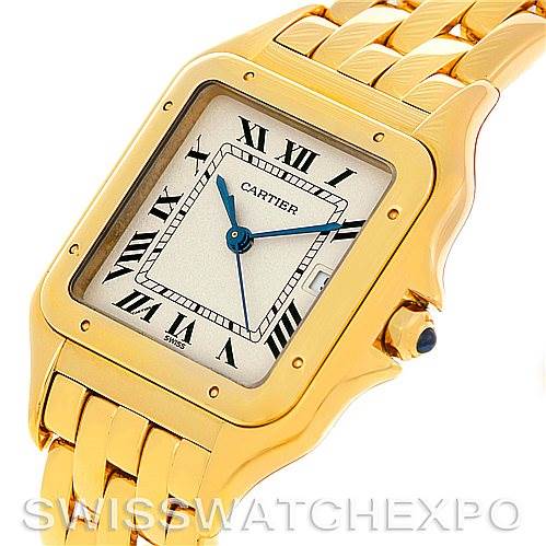 This image shows a close-up angled view of the Panthere de Cartier watch, highlighting its face, bezel, and bracelet.