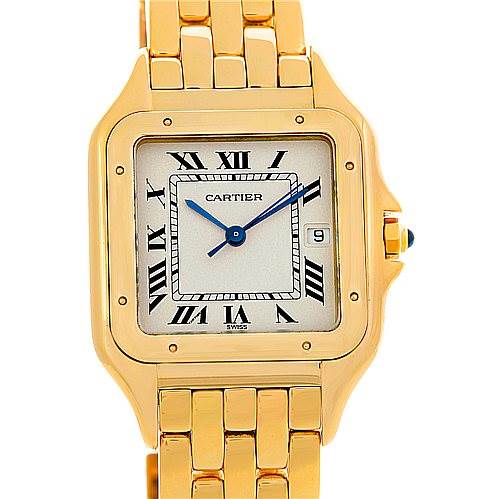 This is a front view of the Cartier Panthère watch, showing the dial, case, and bracelet.