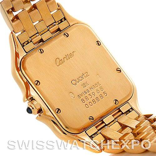 The image shows the back case and bracelet of a Cartier Panthere W25014B9 Men
s Yellow Gold Silver Dial W25014B9 Men
s Yellow Gold Silver Dial watch, displaying the model
s details and engravings.