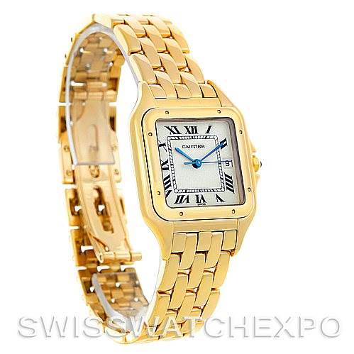 The image shows a Cartier Panthere W25014B9 Men
s Yellow Gold Silver Dial W25014B9 Men
s Yellow Gold Silver Dial watch, angled from the front-left side, highlighting the gold bracelet, square dial, and Roman numerals.