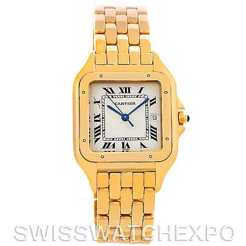 The image shows a frontal view of the Panthere model by Cartier, highlighting the watch face, bezel, and part of the bracelet.