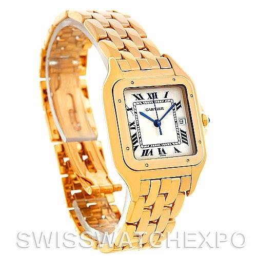 This image shows a Panthere model by Cartier at a three-quarter angle, highlighting the watch face and bracelet.