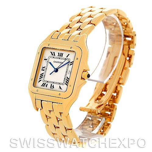 This image shows a side and top view of a Cartier Panthere W25014B9 Men
s Yellow Gold Silver Dial W25014B9 Men
s Yellow Gold Silver Dial watch, highlighting its gold bracelet and square face with Roman numerals.