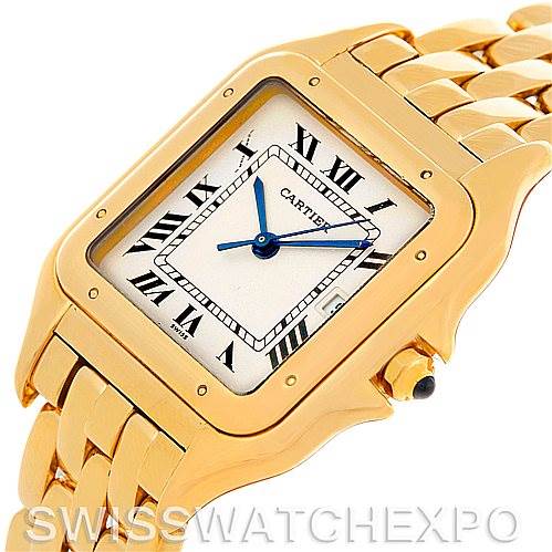 This image shows a close-up, angled view of the face and gold bracelet of the Panthere de Cartier watch.