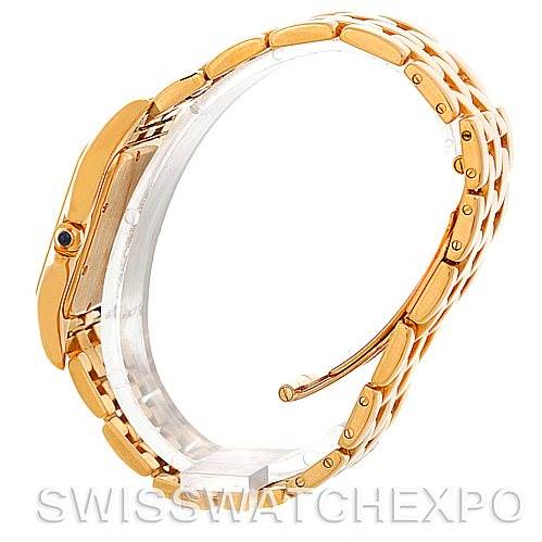 This image shows a side profile of the Panthere model by Cartier, highlighting its gold bracelet and side casing.