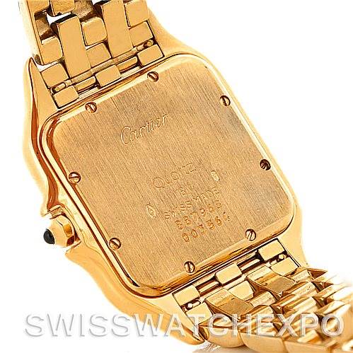 This image shows the back case and bracelet of the Panthere model watch by Cartier at an angled view with the brand
s inscription visible.