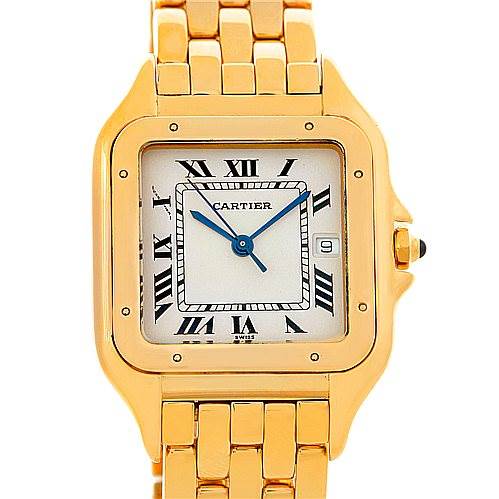 The image shows a front view of the Cartier Panthere W25014B9 Men
s Yellow Gold Silver Dial W25014B9 Men
s Yellow Gold Silver Dial watch, highlighting its gold case, white dial, blue hands, Roman numerals, and metal bracelet.