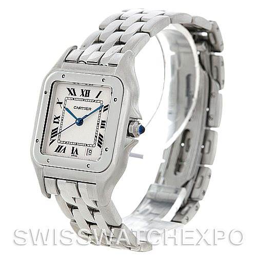 The image shows a side angle of the Cartier Panthere W25054P5 Men
s Stainless Steel Silver Dial W25054P5 Men
s Stainless Steel Silver Dial model watch, highlighting its bracelet, face, and crown with a blue gem.