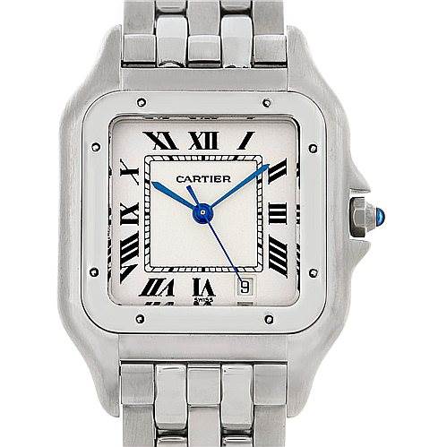 The image shows a front view of the Cartier Panthere W25054P5 Men
s Stainless Steel Silver Dial W25054P5 Men
s Stainless Steel Silver Dial watch, featuring its square face, Roman numeral dial, blue hands, and metal bracelet.