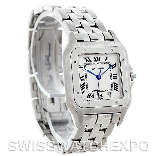 The image shows a side and diagonal view of a Cartier Panthere W25054P5 Men
s Stainless Steel Silver Dial W25054P5 Men
s Stainless Steel Silver Dial watch, highlighting its case, bracelet, and dial.