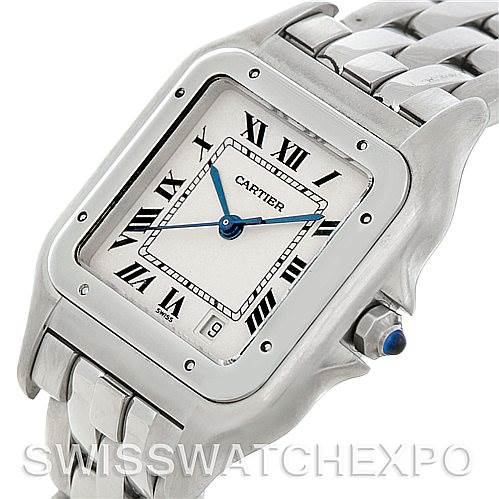This image shows the Cartier Panthere W25054P5 Men
s Stainless Steel Silver Dial W25054P5 Men
s Stainless Steel Silver Dial watch at a three-quarter view angle, detailing the case, dial with Roman numerals, and linked bracelet.