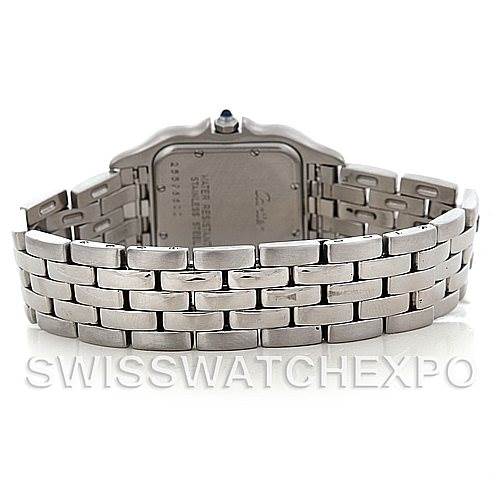 The image shows the back view of the Cartier Panthere W25054P5 Men
s Stainless Steel Silver Dial W25054P5 Men
s Stainless Steel Silver Dial watch, highlighting its bracelet and the back of the case.