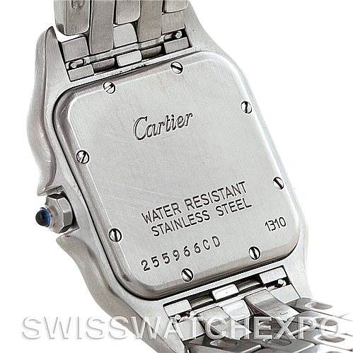The image shows the back of a Cartier Panthere W25054P5 Men
s Stainless Steel Silver Dial W25054P5 Men
s Stainless Steel Silver Dial model watch, highlighting the water resistance and stainless steel details.