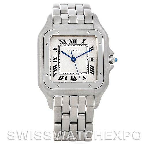 The image shows a front view of a Cartier Panthere W25032P5 Men's Stainless Steel Silver Dial W25032P5 Men's Stainless Steel Silver Dial watch, highlighting its face, Roman numeral dial, and metal bracelet.