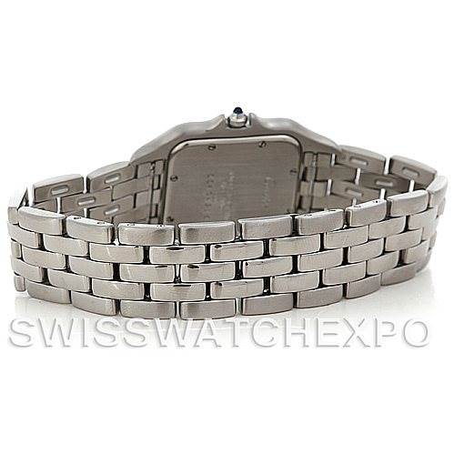 The image shows the back view of a Cartier Panthere W25032P5 Men's Stainless Steel Silver Dial W25032P5 Men's Stainless Steel Silver Dial watch, highlighting its metal bracelet and case-back.