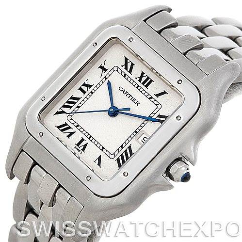 The image shows a Cartier Panthere W25032P5 Men's Stainless Steel Silver Dial W25032P5 Men's Stainless Steel Silver Dial watch from an oblique angle, highlighting the face, bracelet, and crown with the blue cabochon.