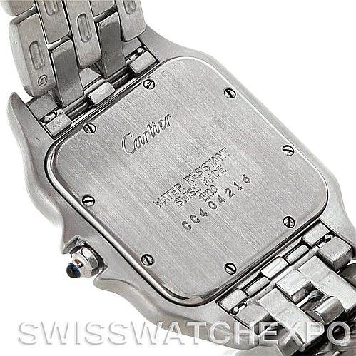 The image shows the back case of a Cartier Panthere W25032P5 Men's Stainless Steel Silver Dial W25032P5 Men's Stainless Steel Silver Dial model watch, displaying the brand name, water resistance details, and serial number.
