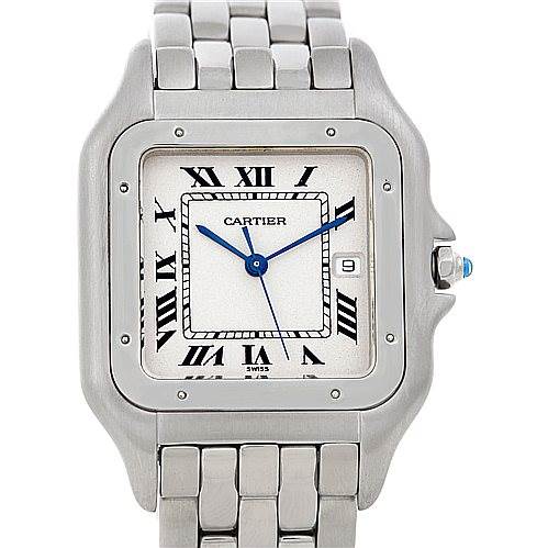 The image shows a front view of a Cartier Panthere W25032P5 Men's Stainless Steel Silver Dial W25032P5 Men's Stainless Steel Silver Dial watch, highlighting the Roman numerals, blue hands, and metal bracelet.