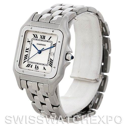 The image shows a side-angle view of a Cartier Panthere W25032P5 Men's Stainless Steel Silver Dial W25032P5 Men's Stainless Steel Silver Dial watch displaying the bracelet, bezel, and face with Roman numerals.