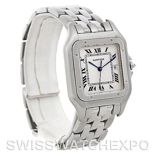 This image shows a side-angle view of a Cartier Panthere W25032P5 Men's Stainless Steel Silver Dial W25032P5 Men's Stainless Steel Silver Dial model watch, showcasing the face, bracelet, and crown.