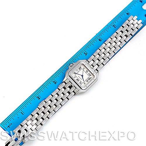 The Cartier Panthere W25032P5 Men's Stainless Steel Silver Dial W25032P5 Men's Stainless Steel Silver Dial watch is displayed horizontally with a measuring ruler, showing the face, bracelet, and part of the clasp.