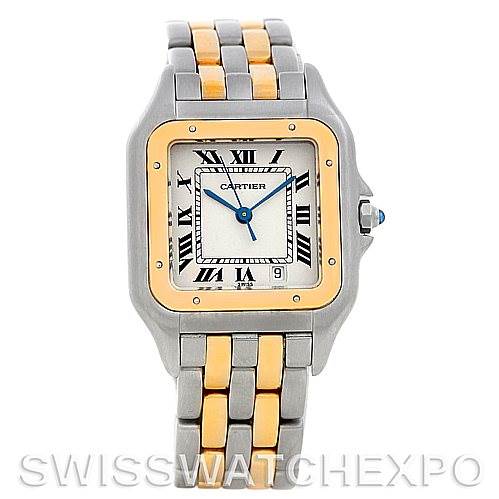The image shows a frontal view of the Cartier Panthere W25028B6 Men
s Steel and Gold (two tone) Silver Dial W25028B6 Men
s Steel and Gold (two tone) Silver Dial watch, highlighting its dial, case, and two-tone bracelet.