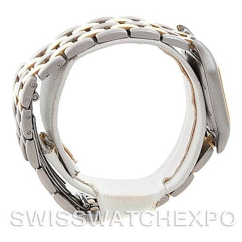 The image shows a side angle of the Cartier Panthere W25028B6 Men
s Steel and Gold (two tone) Silver Dial W25028B6 Men
s Steel and Gold (two tone) Silver Dial watch, highlighting its band and clasp.