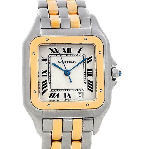 The image shows a front view of the Cartier Panthere W25028B6 Men
s Steel and Gold (two tone) Silver Dial W25028B6 Men
s Steel and Gold (two tone) Silver Dial model watch, highlighting its dial, bezel, crown, and two-tone bracelet.