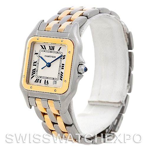 This image shows a Cartier Panthere W25028B6 Men
s Steel and Gold (two tone) Silver Dial W25028B6 Men
s Steel and Gold (two tone) Silver Dial model watch at a slight angle, highlighting its two-tone bracelet and square dial with Roman numerals.