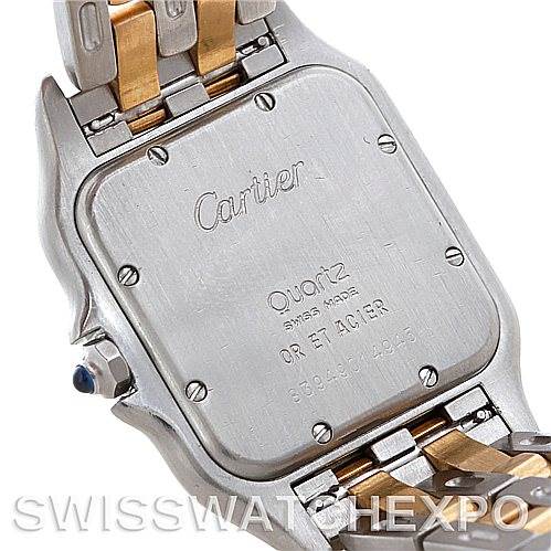 The image shows the back case of a Cartier Panthere W25028B6 Men
s Steel and Gold (two tone) Silver Dial W25028B6 Men
s Steel and Gold (two tone) Silver Dial watch, displaying the brand name, model details, and part of the two-tone bracelet.