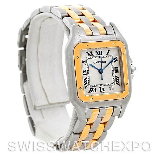 The image shows a Cartier Panthere W25028B6 Men
s Steel and Gold (two tone) Silver Dial W25028B6 Men
s Steel and Gold (two tone) Silver Dial watch at a three-quarter angle, highlighting its two-tone band, square face, and Roman numeral dial.
