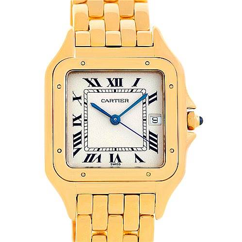 The image shows a front view of the Cartier Panthere W25014B9 Men
s Silver Dial W25014B9 Men
s Silver Dial model watch, highlighting its face, Roman numerals, and gold band.