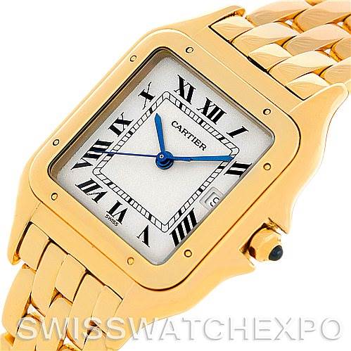 The image shows an angled view of a Cartier Panthere W25014B9 Men
s Silver Dial W25014B9 Men
s Silver Dial watch, highlighting its square dial, Roman numerals, and gold bracelet.