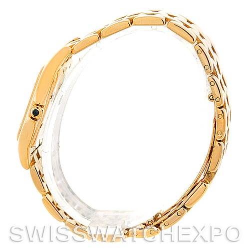 The image shows the side view of the Cartier Panthere W25014B9 Men
s Silver Dial W25014B9 Men
s Silver Dial watch, focusing on its gold bracelet and case.