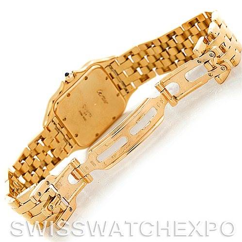 This image shows the backside and clasp of a Cartier Panthere W25014B9 Men
s Silver Dial W25014B9 Men
s Silver Dial watch, highlighting its gold bracelet.