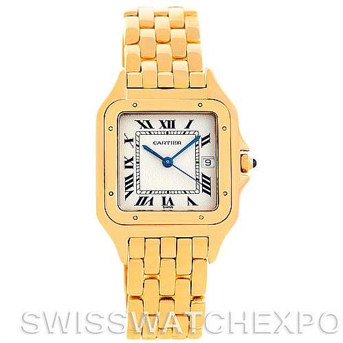 This image shows a Cartier Panthere W25014B9 Men
s Silver Dial W25014B9 Men
s Silver Dial model watch, viewed from the front, displaying the face, case, and part of the bracelet.