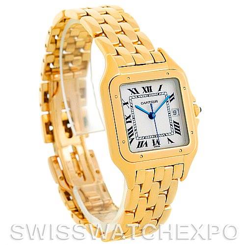 This image shows a Cartier Panthere W25014B9 Men
s Silver Dial W25014B9 Men
s Silver Dial watch from a front and side angle, highlighting its gold bracelet and square face with Roman numerals.
