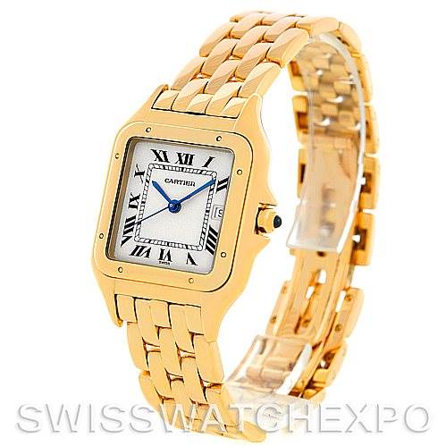 The image shows a Panthere de Cartier watch at a slight angle, displaying the face, bezel, and part of the bracelet.
