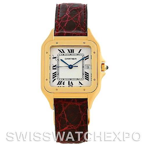 This image shows a front view of the Cartier Panthere W25014B9 Men
s Yellow Gold Silver Dial W25014B9 Men
s Yellow Gold Silver Dial model watch, featuring its square face, Roman numerals, and leather strap.