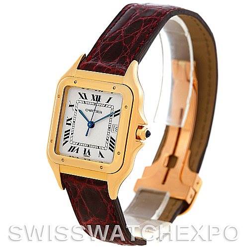 This image shows a Cartier Panthere W25014B9 Men
s Yellow Gold Silver Dial W25014B9 Men
s Yellow Gold Silver Dial model watch from a front angle, highlighting its square face and leather strap.