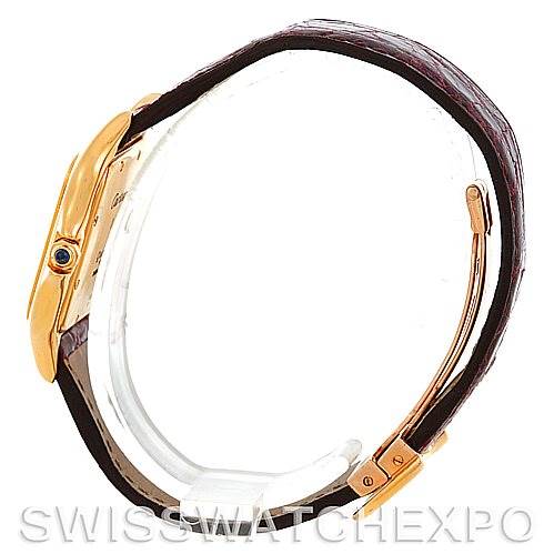 Side view of the Cartier Panthere W25014B9 Men
s Yellow Gold Silver Dial W25014B9 Men
s Yellow Gold Silver Dial watch showing the case and leather strap.