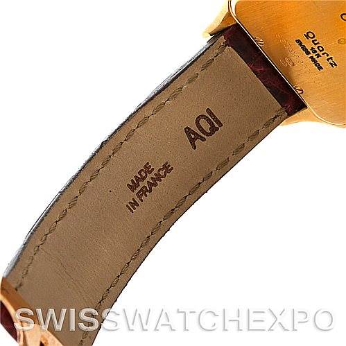 This image shows the inside of the leather strap and part of the case back of a Cartier Panthere W25014B9 Men
s Yellow Gold Silver Dial W25014B9 Men
s Yellow Gold Silver Dial watch.