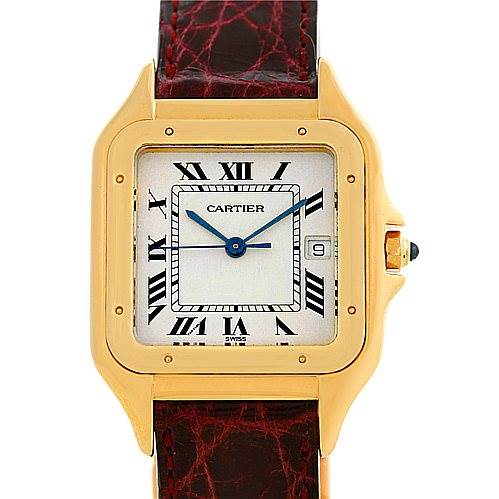 The image shows a front view of the Cartier Panthère watch, displaying the face, hands, Roman numeral markers, and brown leather strap.