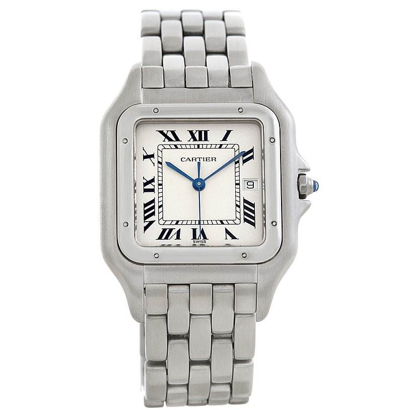 This image shows a front view of the Panthère de Cartier watch featuring its bracelet, face, and bezel.