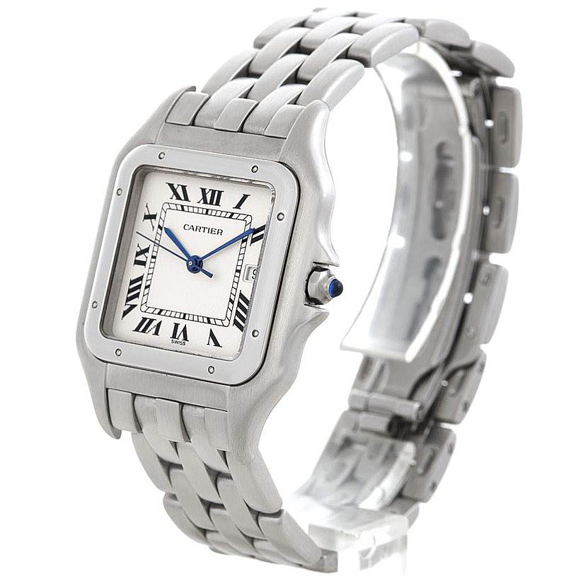 The image shows a Panthere model by Cartier from a three-quarter angle, highlighting the face, bezel, and bracelet.
