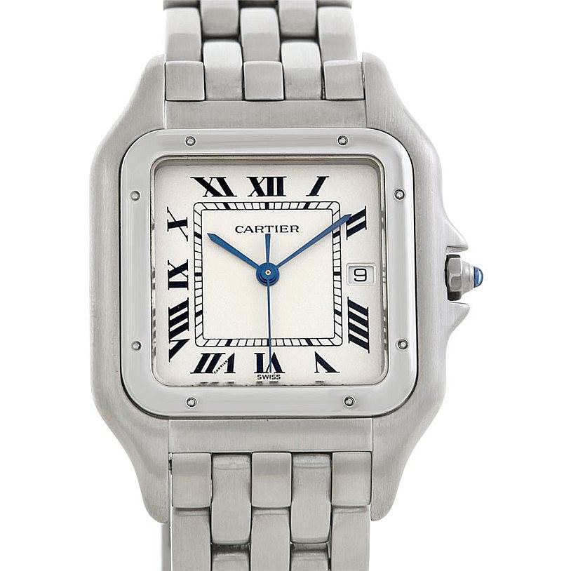 The image shows a frontal view of a Cartier Panthere W25032P5 Men's Stainless Steel Silver Dial W25032P5 Men's Stainless Steel Silver Dial watch, including its square face, blue hands, Roman numerals, and metal bracelet.