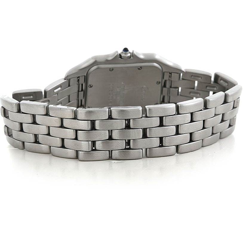 This image shows the back view of a Cartier Panthere W25032P5 Men's Stainless Steel Silver Dial W25032P5 Men's Stainless Steel Silver Dial watch, focusing on the case back and stainless steel bracelet.