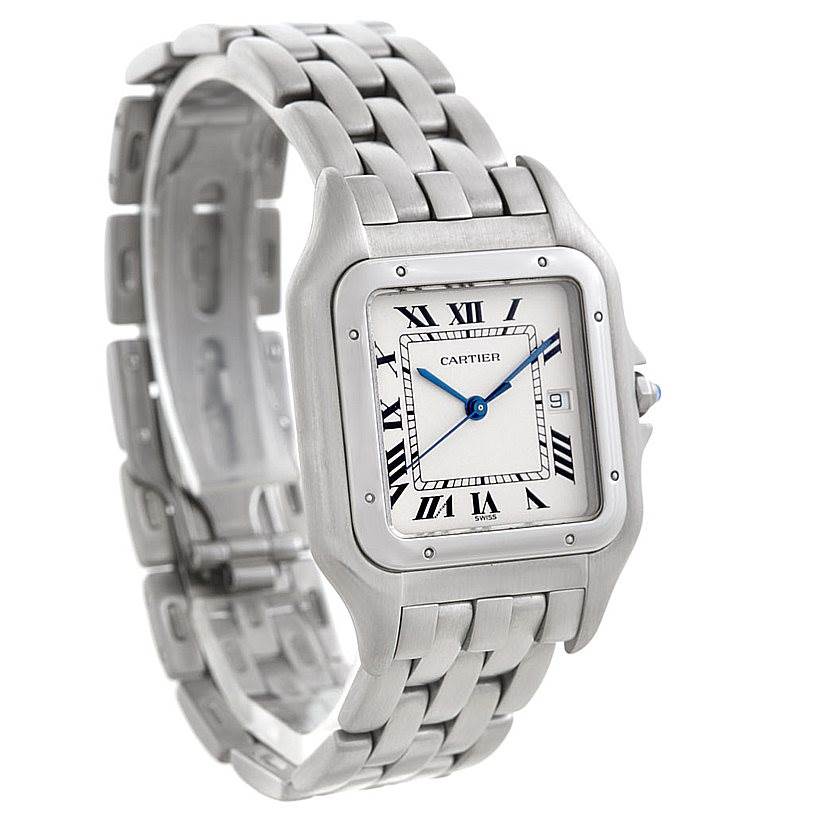 The image shows a front and slightly angled view of the Cartier Panthere W25032P5 Men's Stainless Steel Silver Dial W25032P5 Men's Stainless Steel Silver Dial model watch, displaying its face, band, and clasp.